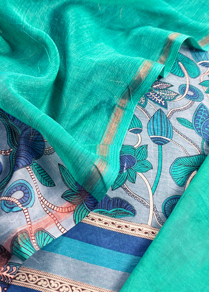 Blue Pure Maheshwari Silk Unstitched Suit With Dupatta