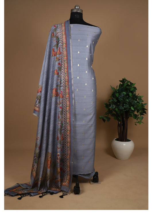 Mauvish Blue Banarasi Chanderi Unstitched Suit With Pichwai Dupatta