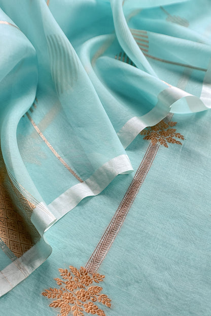 Sky Blue Handloom Kora Silk Suit With Sona Rupa Kadwa Weaving
