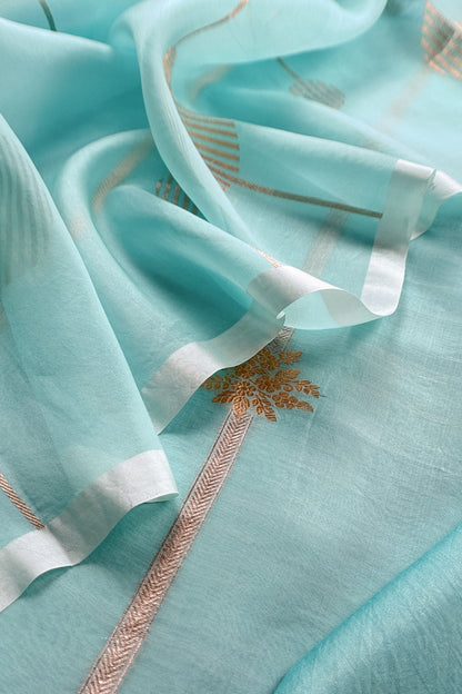 Sky Blue Handloom Kora Silk Suit With Sona Rupa Kadwa Weaving