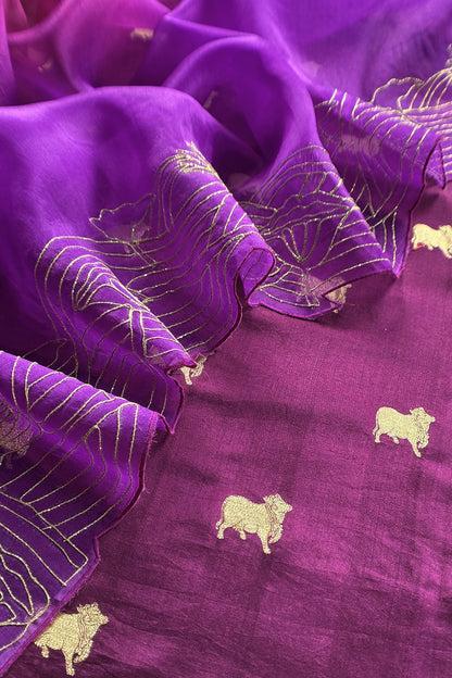 Purple Pure Chiniya Silk Kurta And Ombré Kora Silk Dupatta With Handw