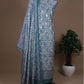 Blue grey Handblock Maheshwari Silk With Zari Weaving