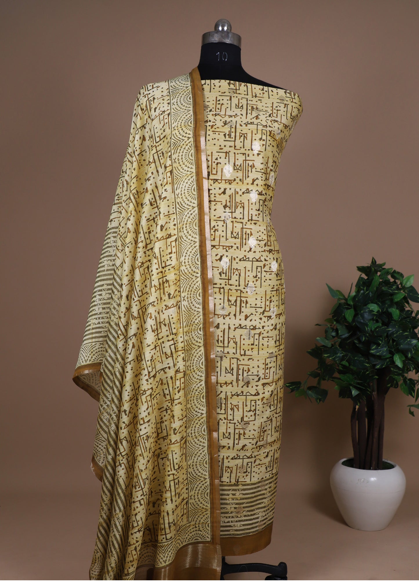 Yellow Green Handblock Maheshwari Silk With Zari Weaving