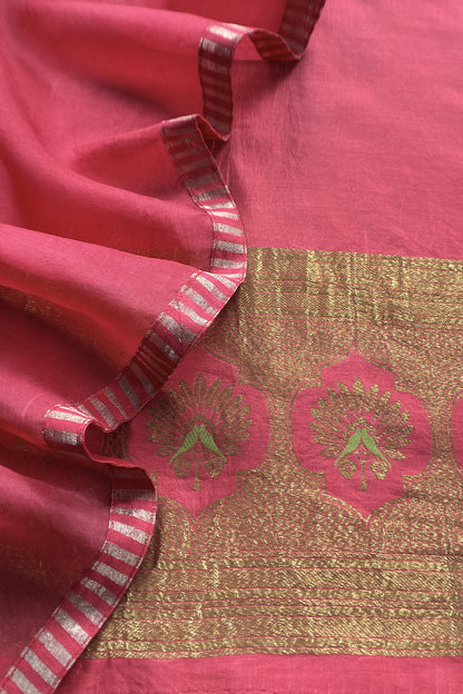 Dark Pink Handloom Varanasi Silk Kurta And Kora Silk Dupatta With Kadwa Weaving
