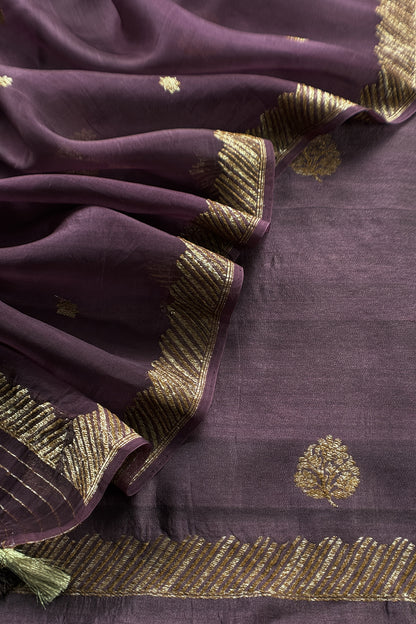 Dark Purple Handloom Raw Silk Kurta And Kora Silk Dupatta With Gold Kadwa Weaving