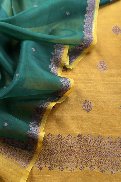 Yellow and Green Handloom Raw Silk Suit With Kora Silk Dupatta