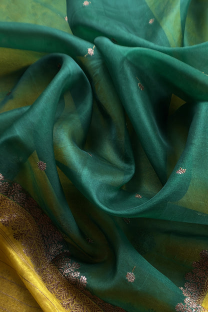 Yellow and Green Handloom Raw Silk Suit With Kora Silk Dupatta