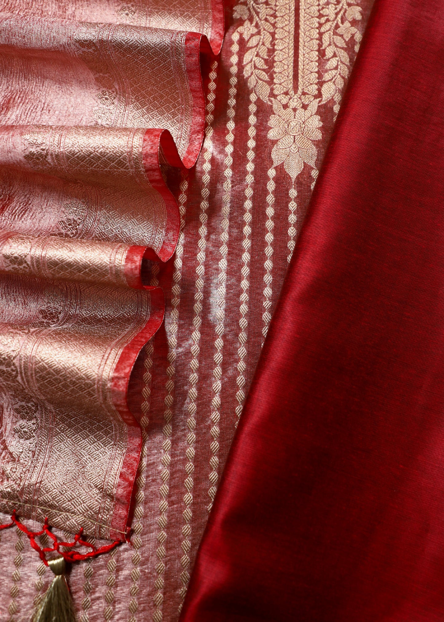 Deep Red Tissue Silk Unstitched Suit With Crush Tissue Dupatta