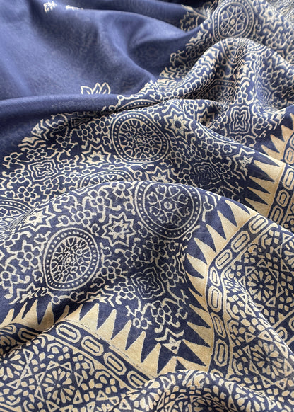 Blue Pure Maheshwari Silk Unstitched Suit Fabric With Jaipuri Ajrakh Print