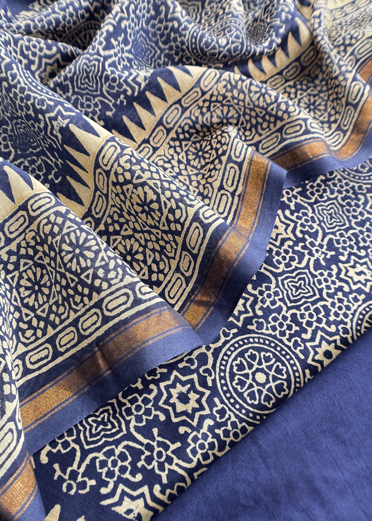Blue Pure Maheshwari Silk Unstitched Suit Fabric With Jaipuri Ajrakh Print
