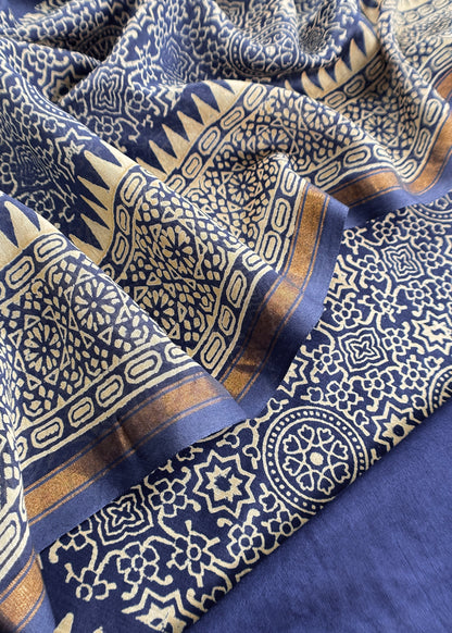 Blue Pure Maheshwari Silk Unstitched Suit Fabric With Jaipuri Ajrakh Print