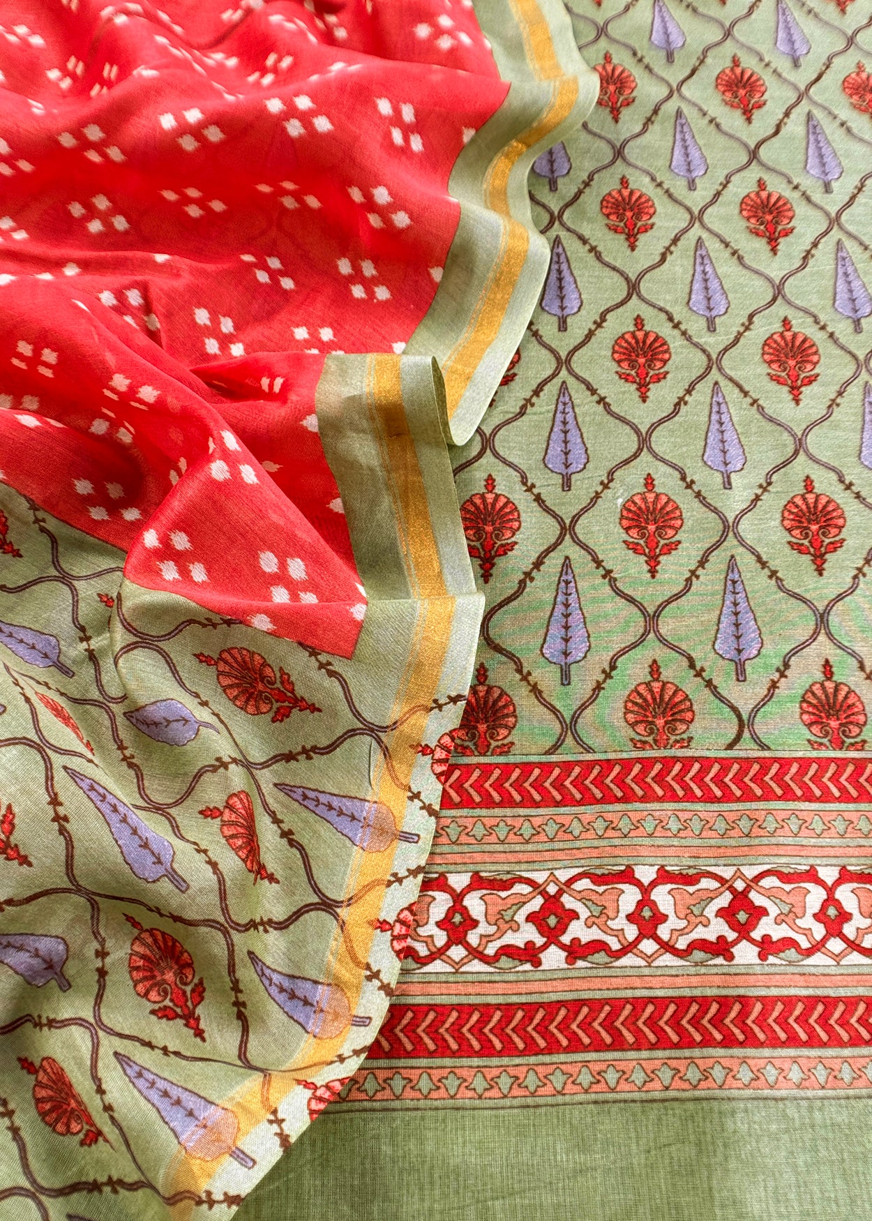 Jade Green Hand-Block Print Pure Maheshwari Silk Suit With Bandhani Dupatta