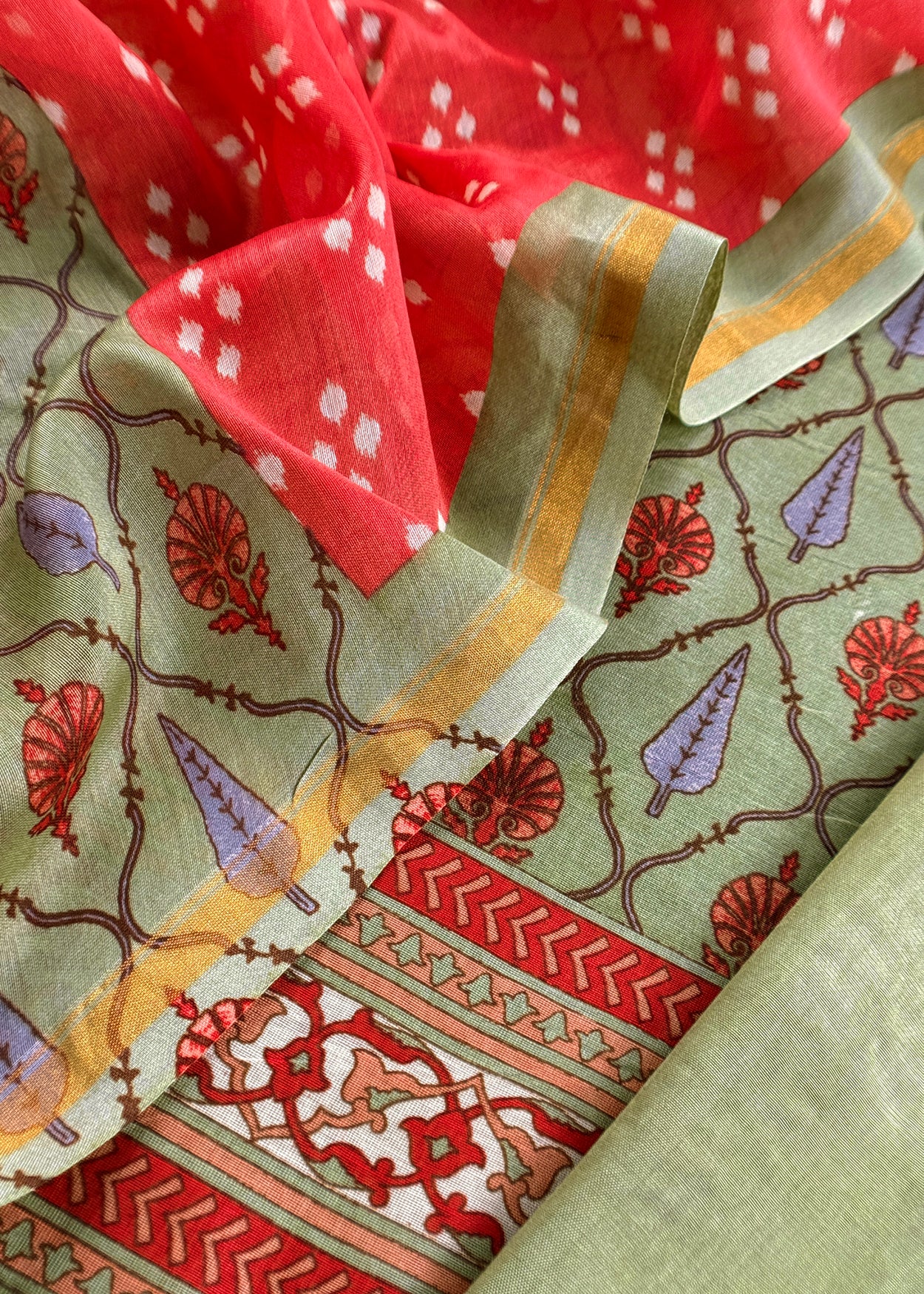 Jade Green Hand-Block Print Pure Maheshwari Silk Suit With Bandhani Dupatta