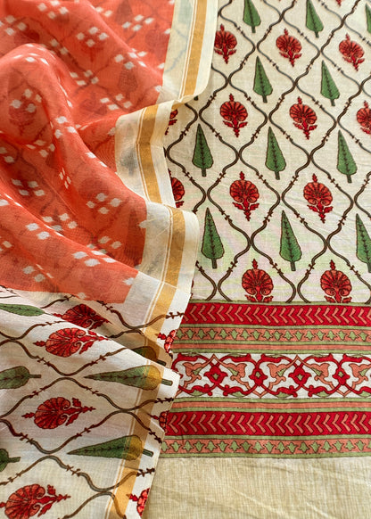 Off White Hand-Block Print Pure Maheshwari Silk Suit With Bandhani Dupatta
