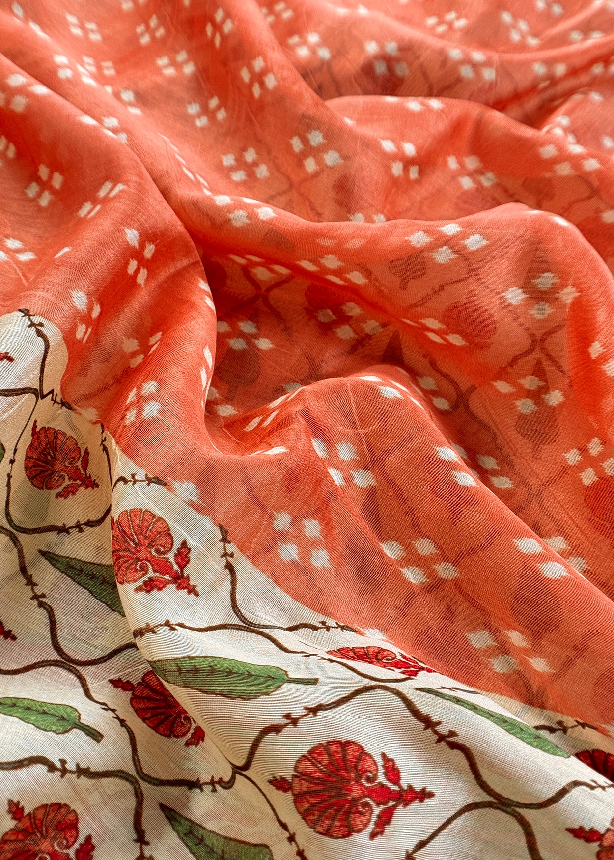 Off White Hand-Block Print Pure Maheshwari Silk Suit With Bandhani Dupatta