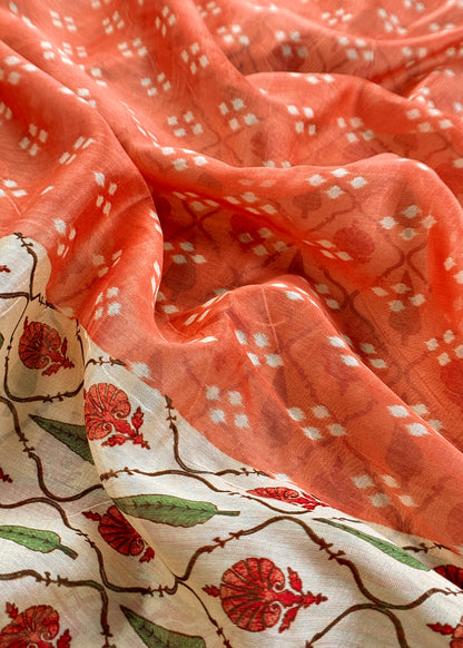 Off White Hand-Block Print Pure Maheshwari Silk Suit With Bandhani Dupatta