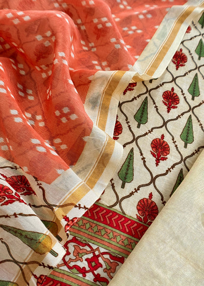 Off White Hand-Block Print Pure Maheshwari Silk Suit With Bandhani Dupatta