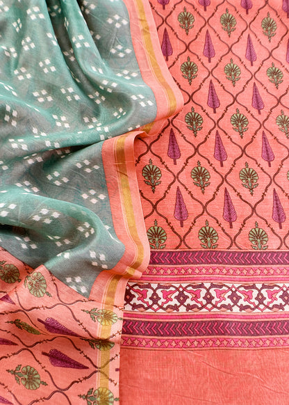 Peach Orange Hand-Block Print Pure Maheshwari Silk Suit With Bandhani Dupatta