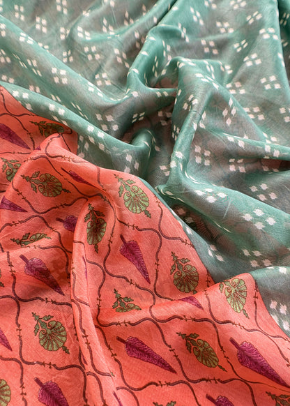 Peach Orange Hand-Block Print Pure Maheshwari Silk Suit With Bandhani Dupatta
