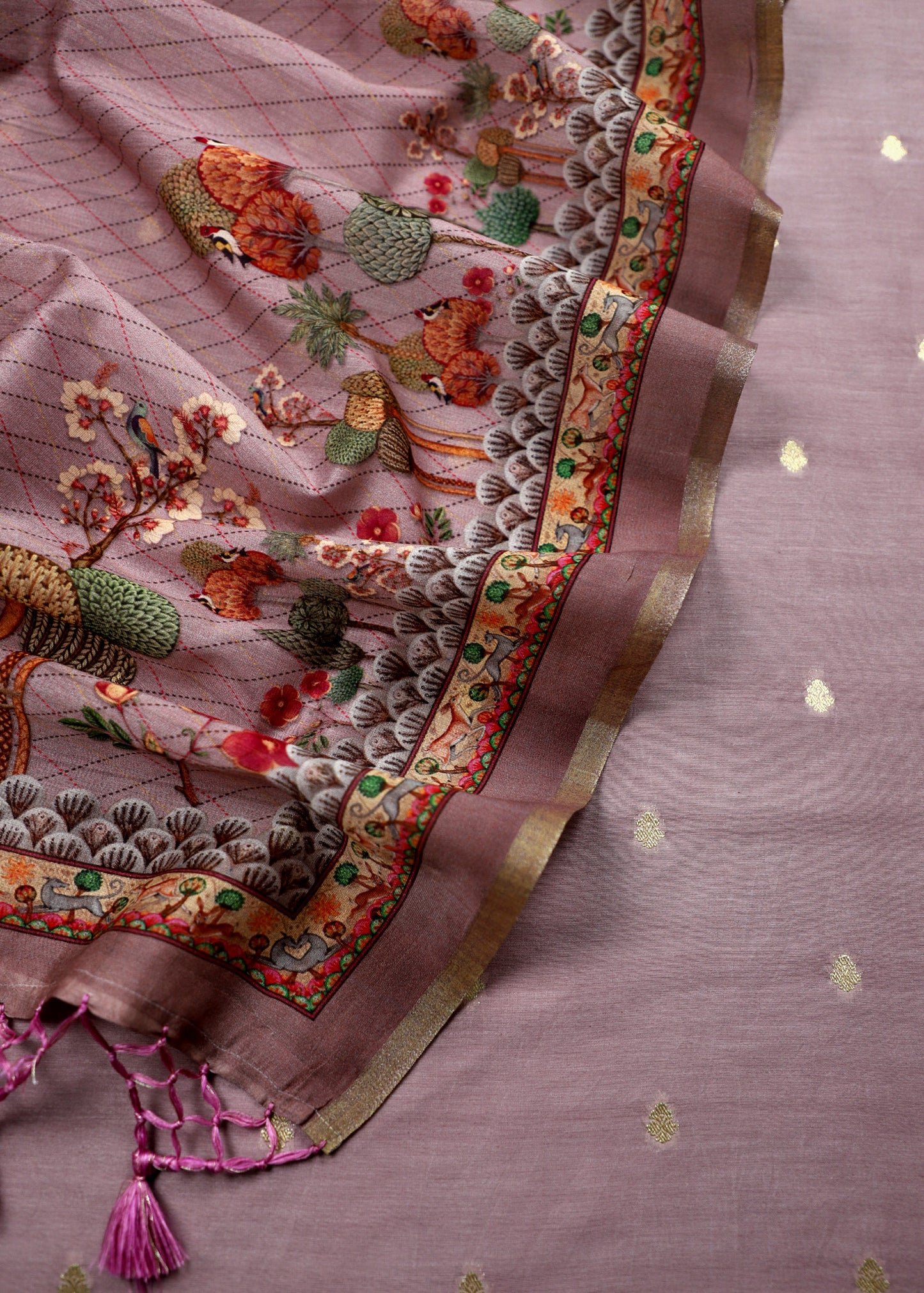 Mauvish Pink Banarasi Chanderi Unstitched Suit With Pichwai Dupatta