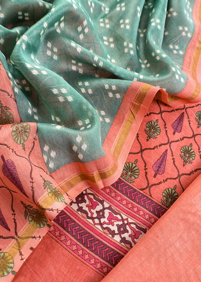 Peach Orange Hand-Block Print Pure Maheshwari Silk Suit With Bandhani Dupatta
