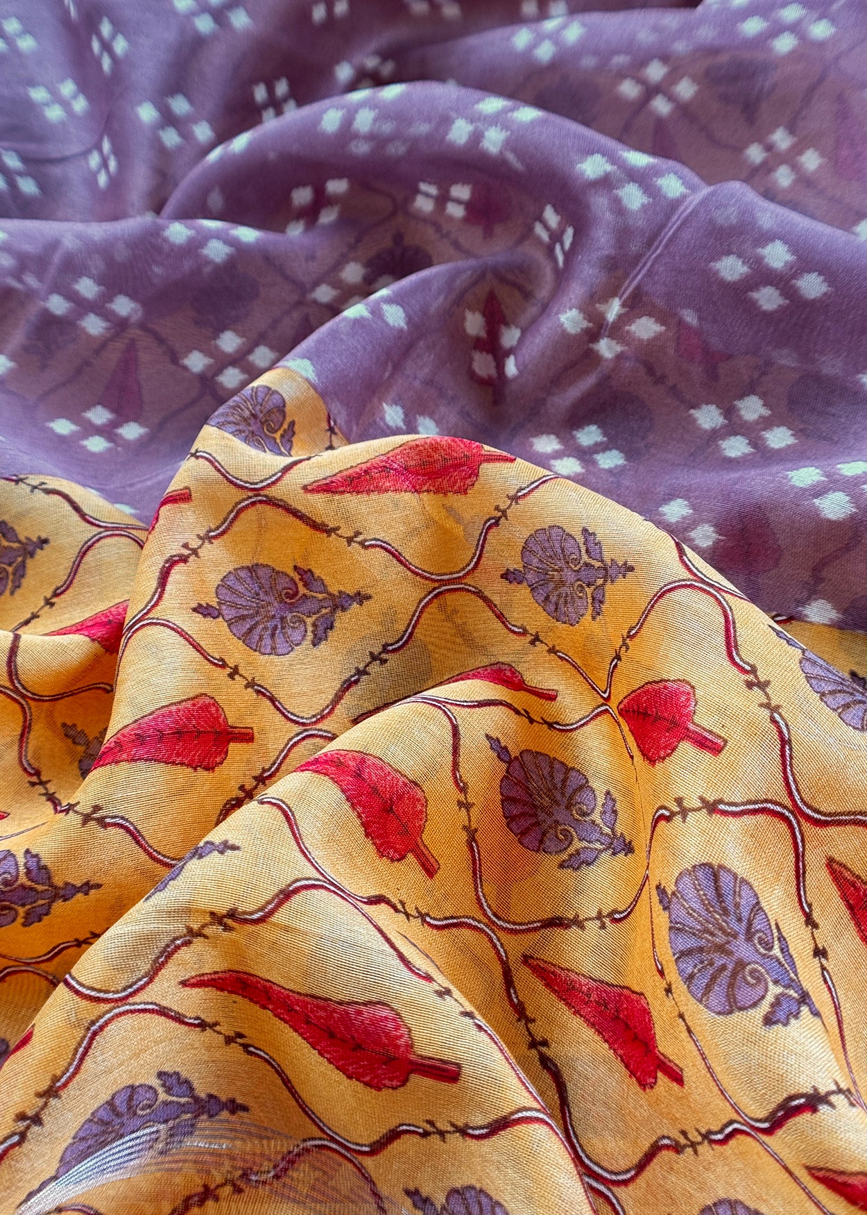 Yellow Hand-Block Print Pure Maheshwari Silk Suit With Bandhani Dupatta
