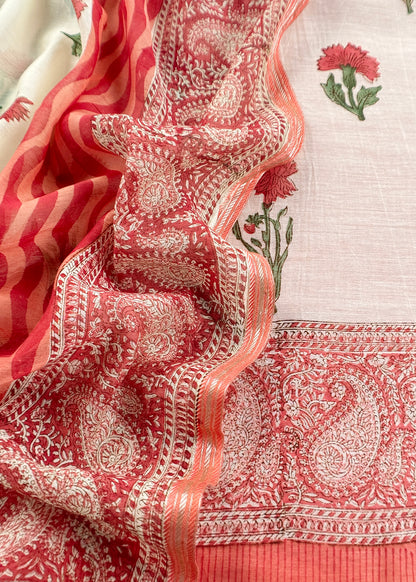 Red Pure Mulmul Unstitched Suit Fabric With Floral Print