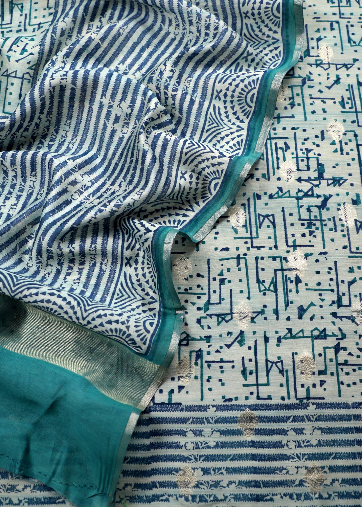 Blue grey Handblock Maheshwari Silk With Zari Weaving