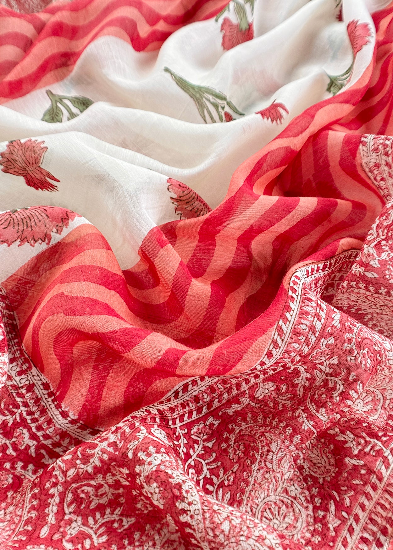 Red Pure Mulmul Unstitched Suit Fabric With Floral Print