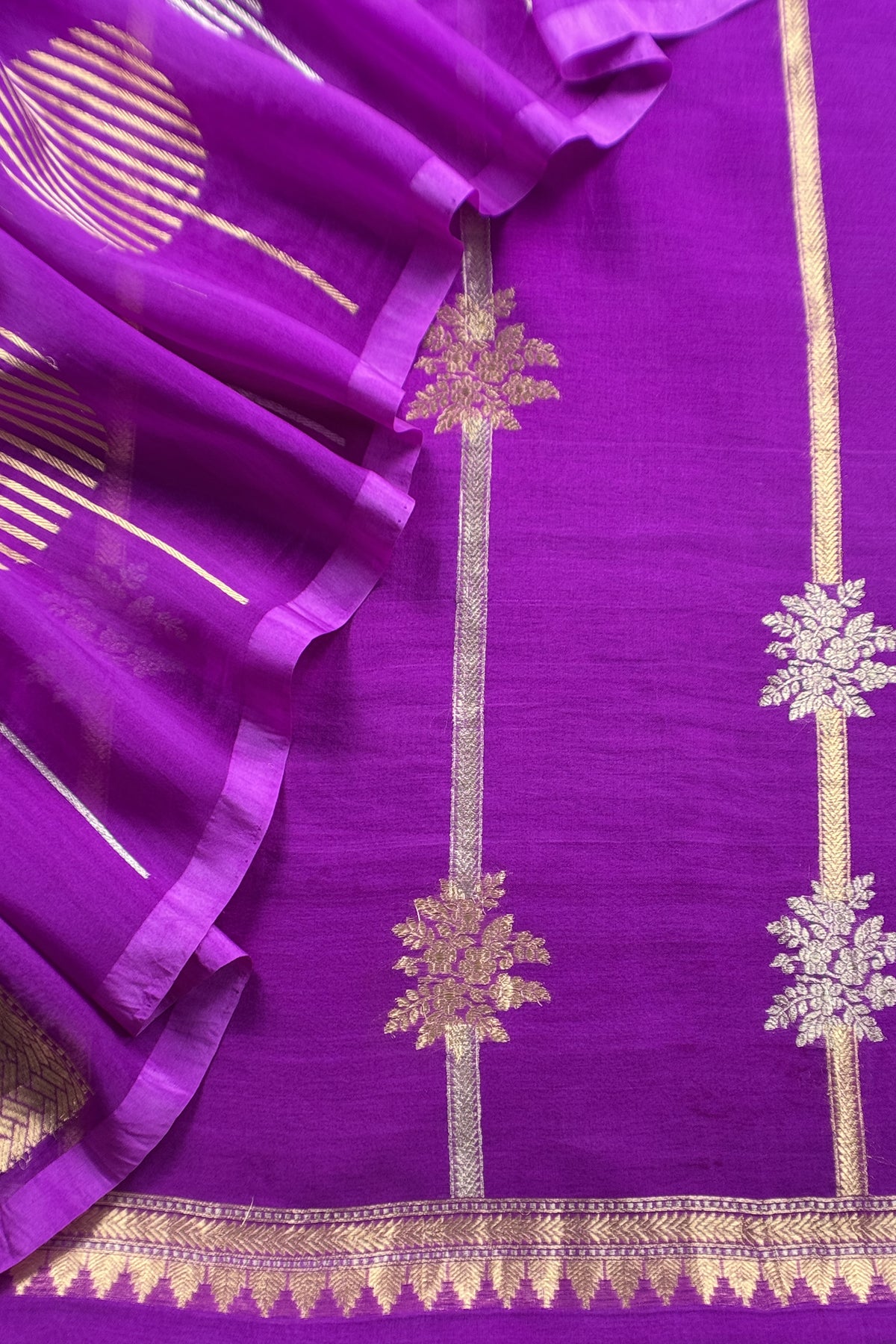 Purple Handloom Designer Kora Silk Suit With Sonarupa Kadwa Weaving