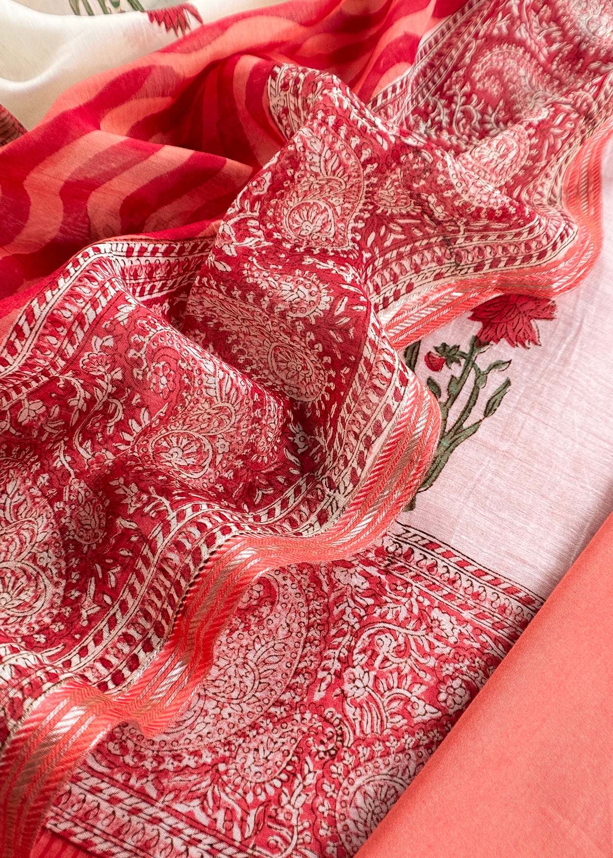 Red Pure Mulmul Unstitched Suit Fabric With Floral Print