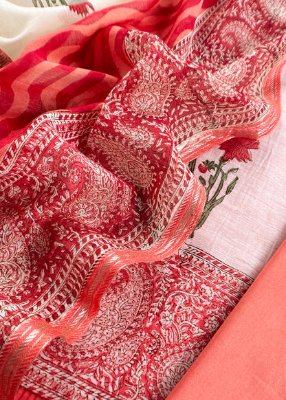 Red Pure Mulmul Unstitched Suit Fabric With Floral Print