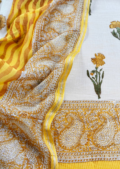 Yellow Pure Mulmul Unstitched Suit Fabric With Floral Print