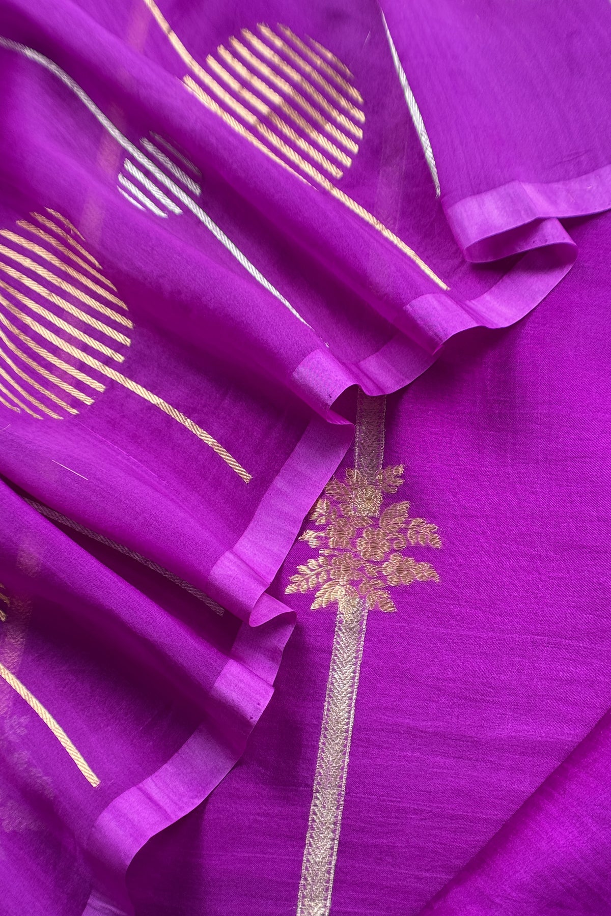 Purple Handloom Designer Kora Silk Suit With Sonarupa Kadwa Weaving