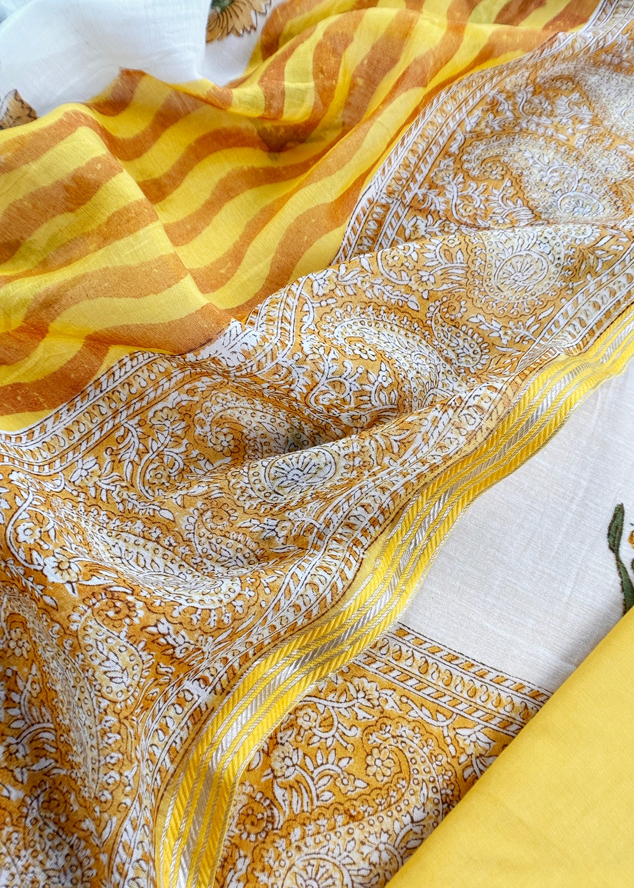 Yellow Pure Mulmul Unstitched Suit Fabric With Floral Print