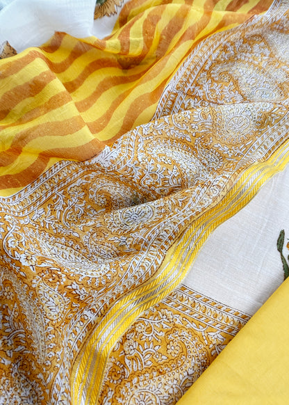 Yellow Pure Mulmul Unstitched Suit Fabric With Floral Print