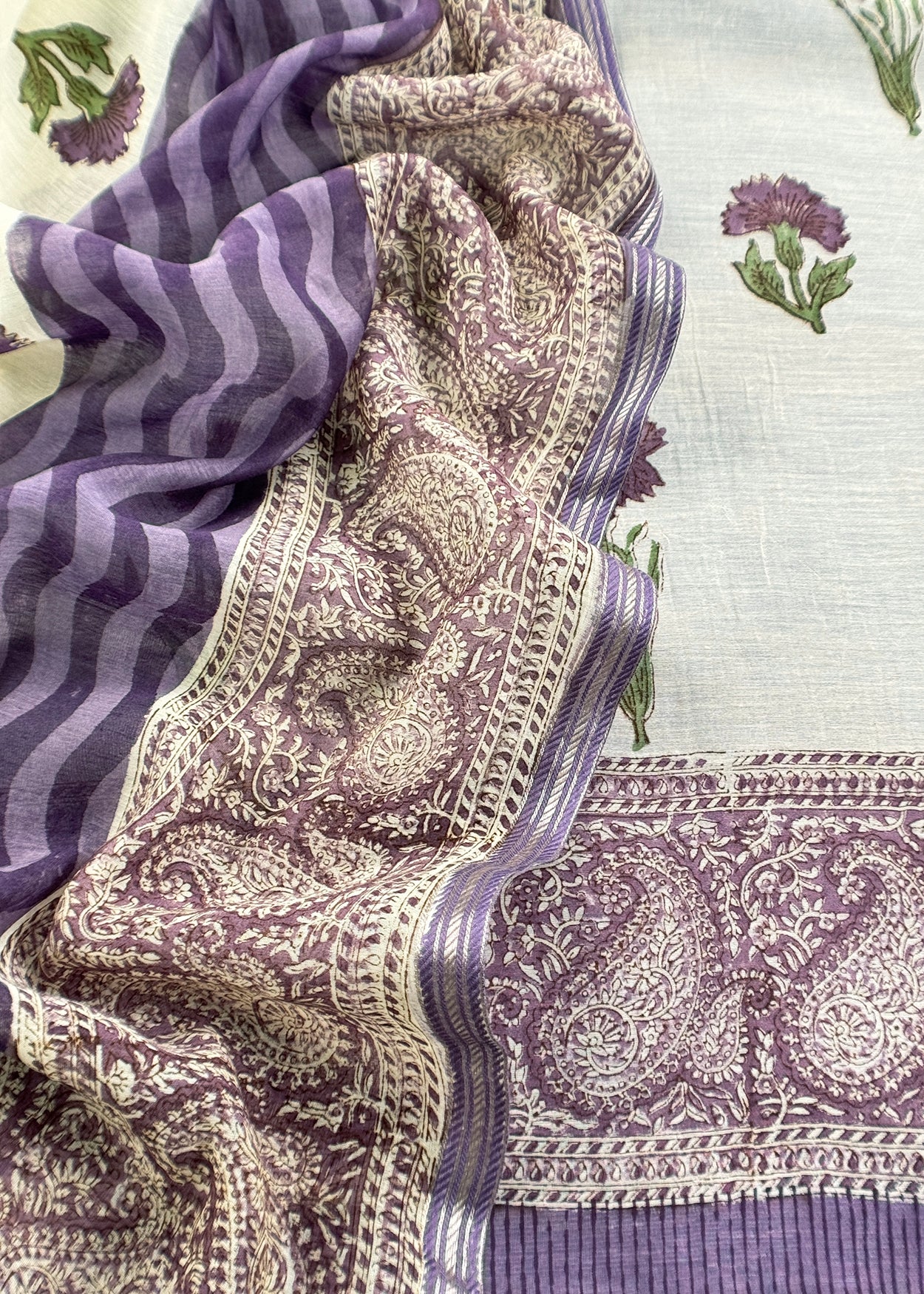 Purple Pure Mulmul Unstitched Suit Fabric With Floral Print