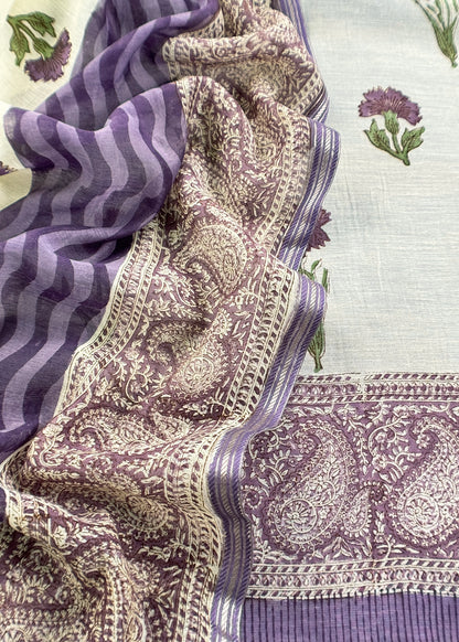 Purple Pure Mulmul Unstitched Suit Fabric With Floral Print