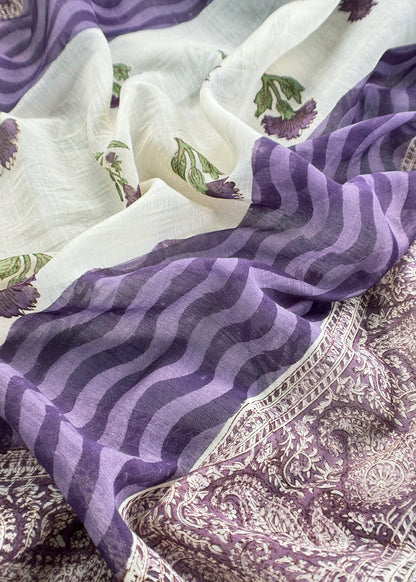 Purple Pure Mulmul Unstitched Suit Fabric With Floral Print