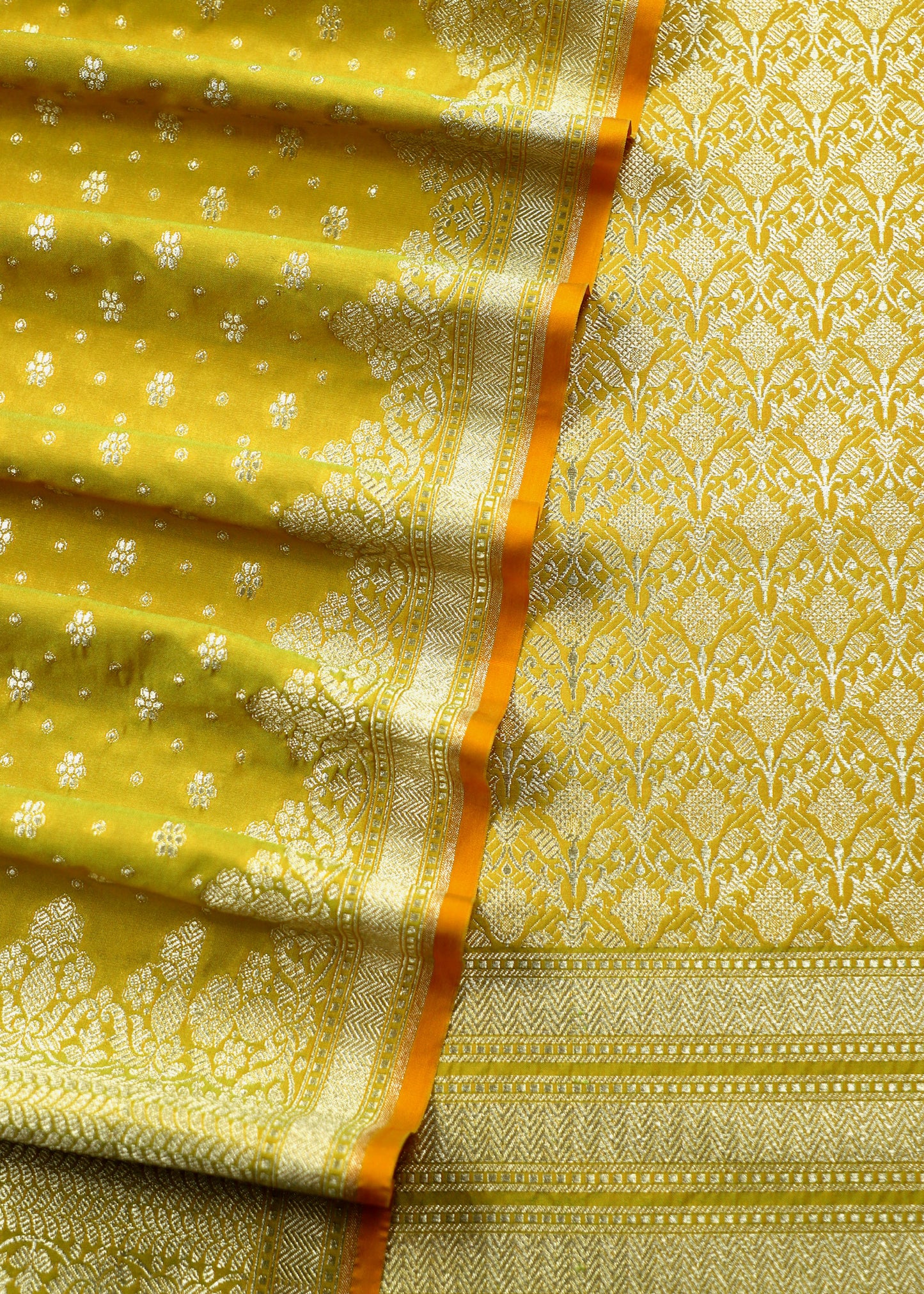 Yellow Green Katan Silk Suit with Brocade Weaving