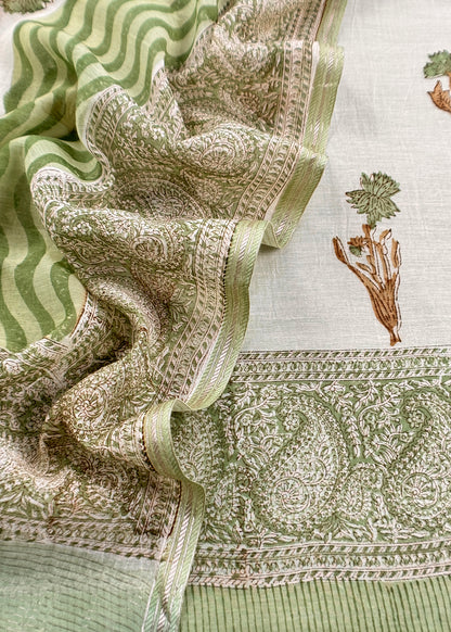 Green Pure Mulmul Unstitched Suit Fabric With Floral Print
