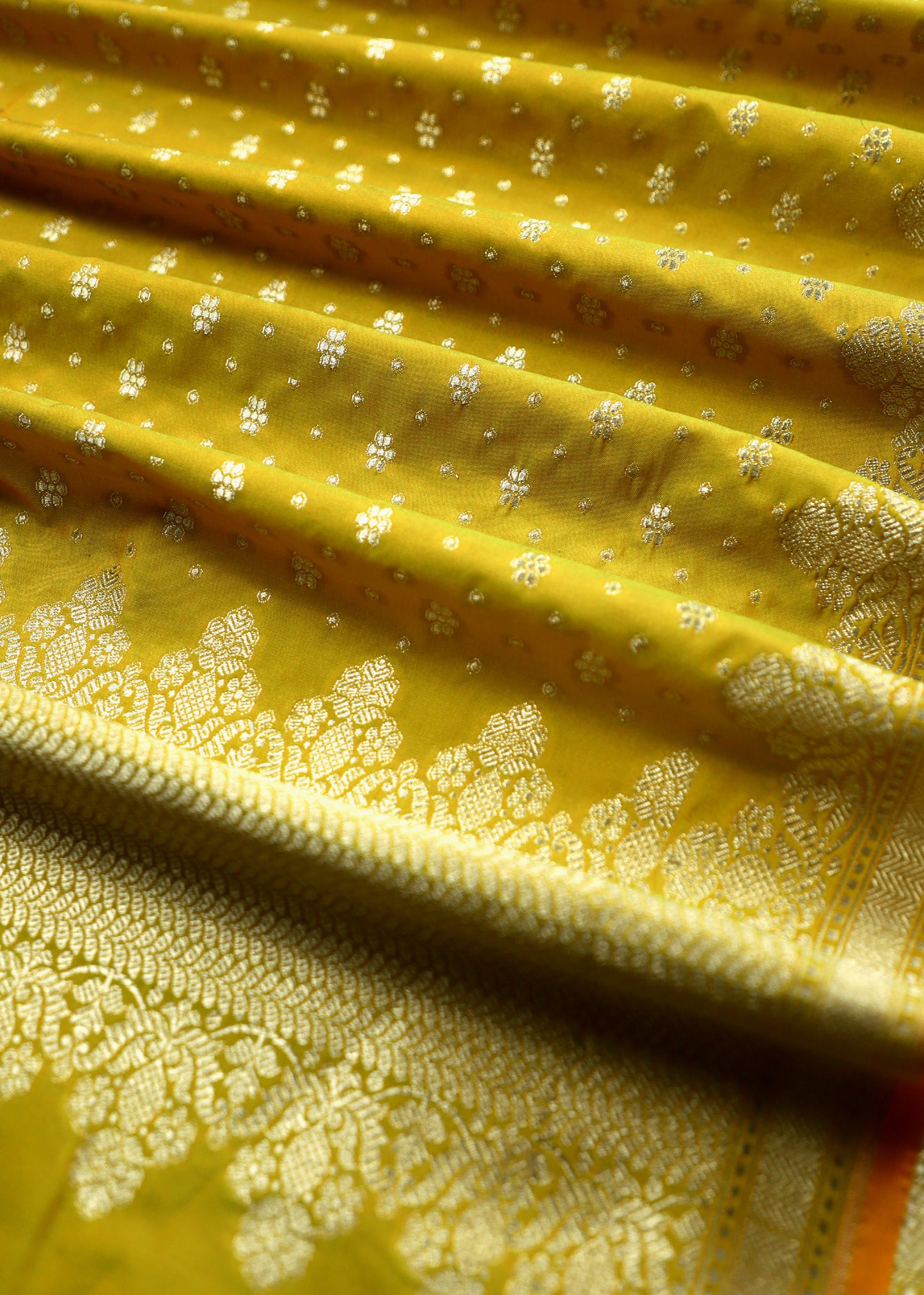 Yellow Green Katan Silk Suit with Brocade Weaving