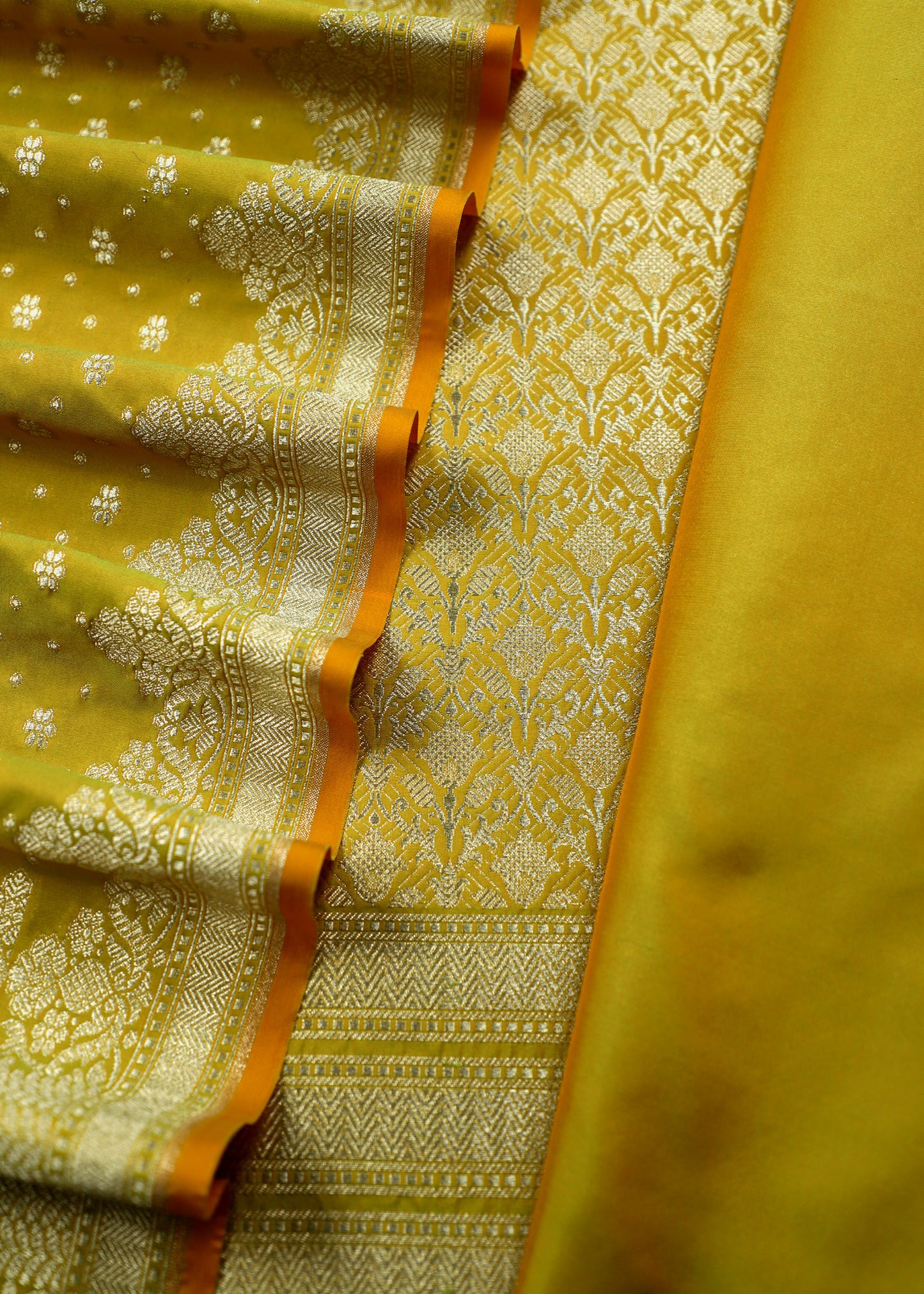 Yellow Green Katan Silk Suit with Brocade Weaving