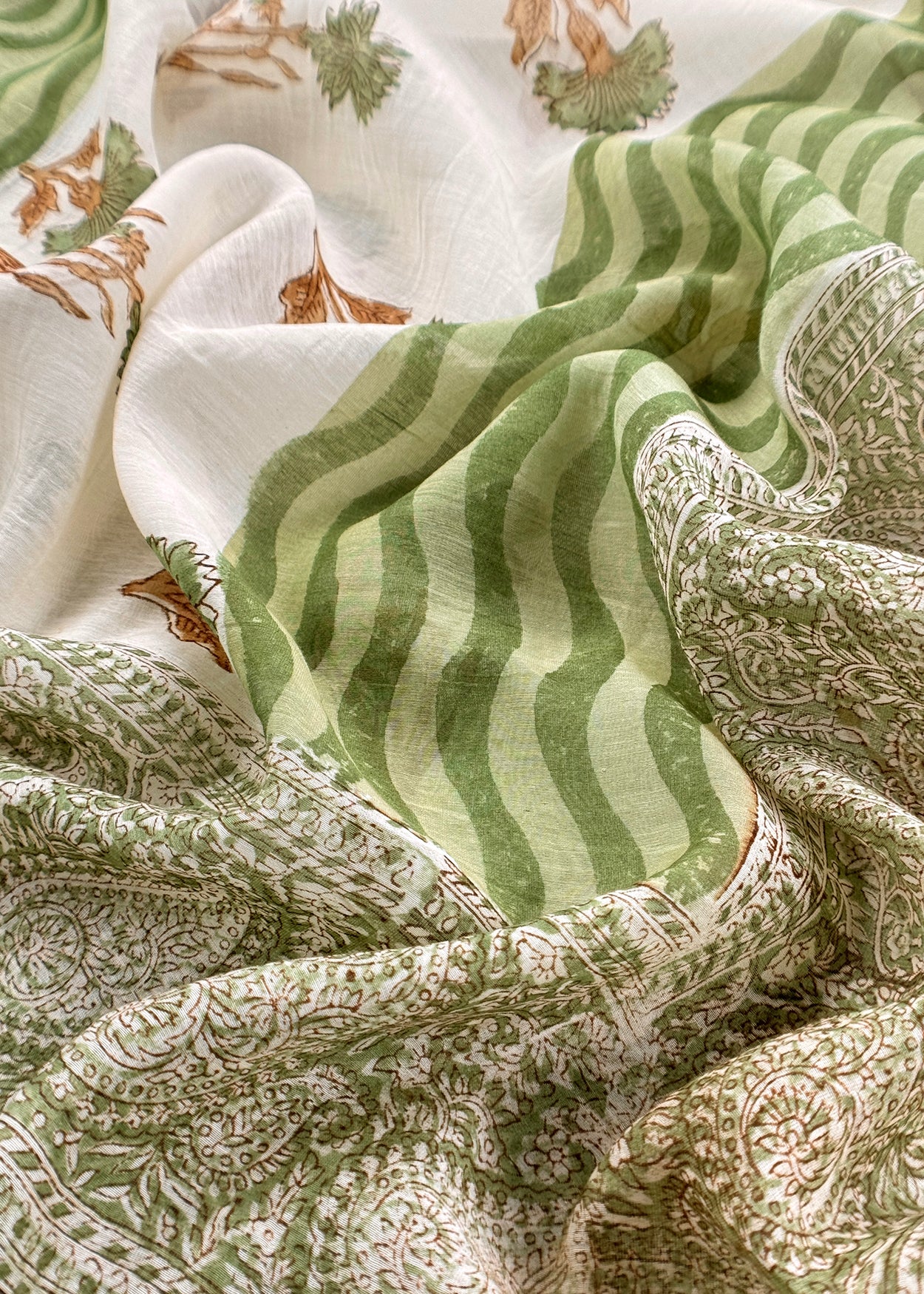Green Pure Mulmul Unstitched Suit Fabric With Floral Print