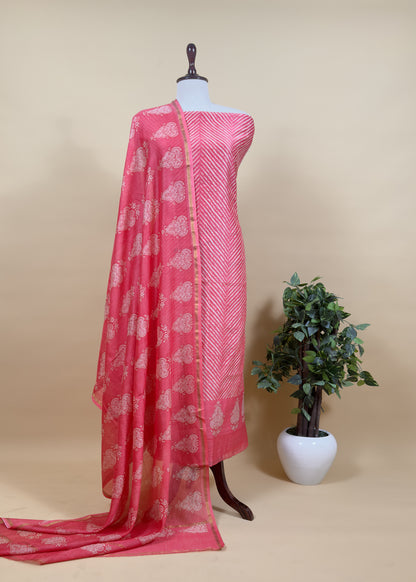 Reddish Pink Maheshwari Silk Unstitched Suit With Leheriya And Block Print