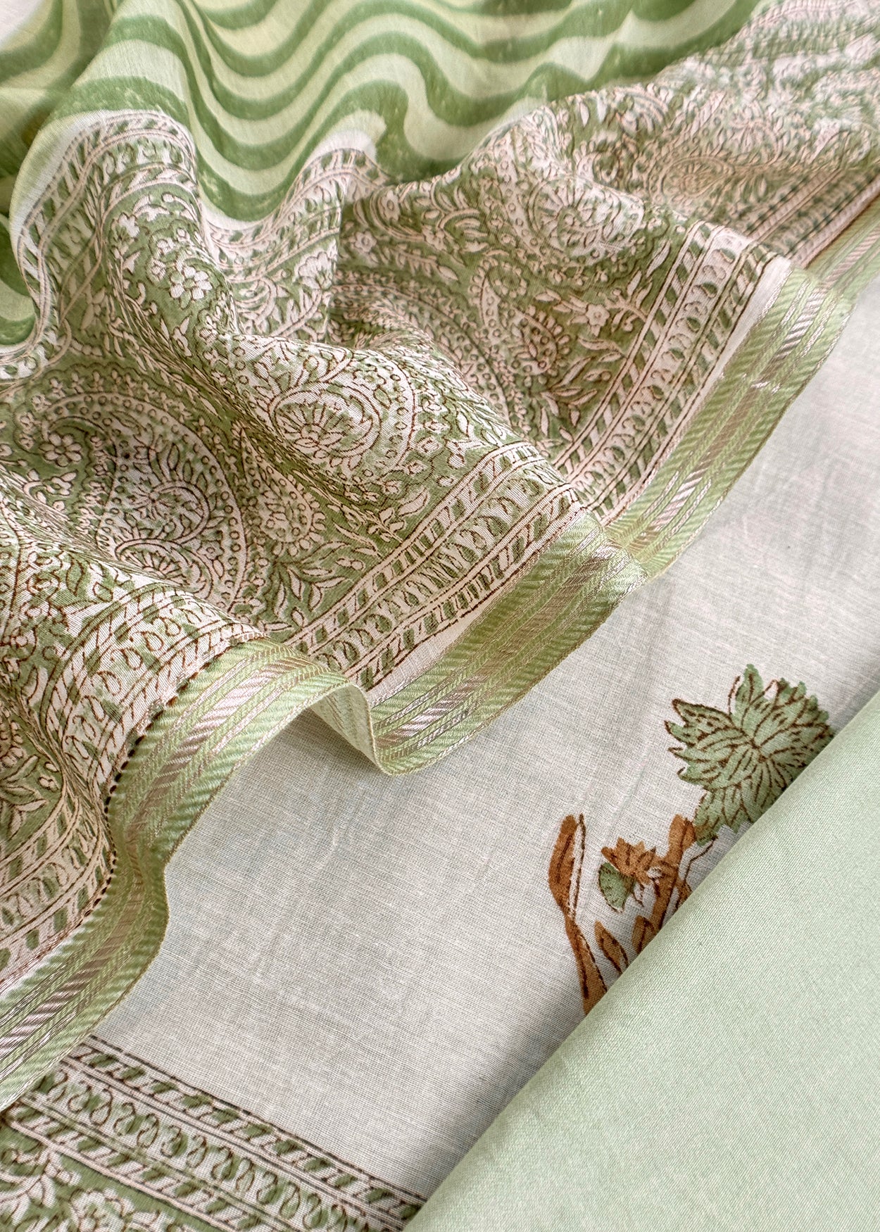 Green Pure Mulmul Unstitched Suit Fabric With Floral Print