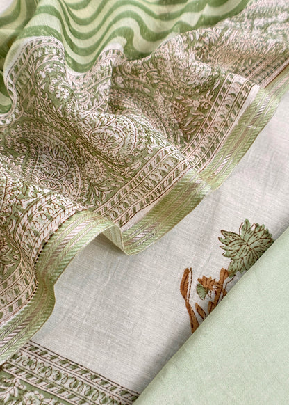 Green Pure Mulmul Unstitched Suit Fabric With Floral Print
