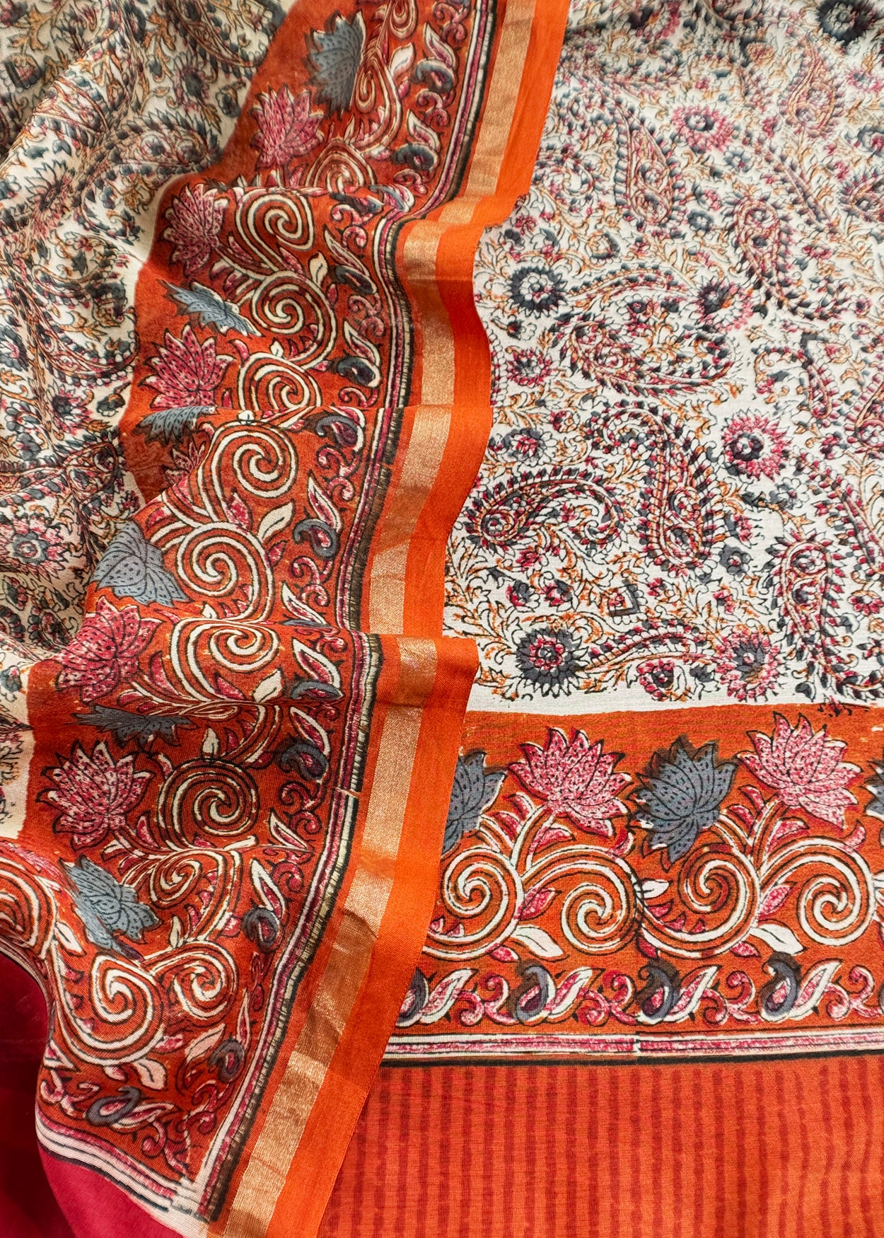 Orange Paisley Block Print Pure Maheshwari Silk Unstitched Suit