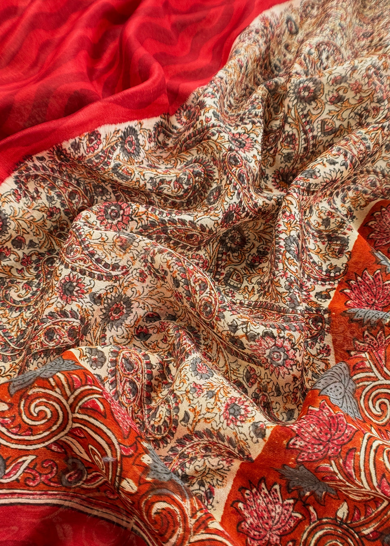 Red Paisley Block Print Pure Maheshwari Silk Unstitched Suit