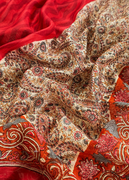 Red Paisley Block Print Pure Maheshwari Silk Unstitched Suit